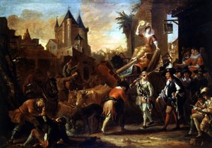 A komikusok érkezése a Le Mans-i festményre, amely Paul Scarron (1610-1660) „The Comic Roman” című festményét illusztrálja. Jean-Baptiste (Jean Baptiste) Coulom (vagy Coulon) festménye (kb. 1695-1735)