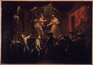 Sajnálatos sikerei ennek a darabnak. Az egyik tenyérjátékos, akinek a ruhája derobe volt, nagy ütőt ad La Rapiniere-nek. Paul Scarron (1610-1660) „The Comic Roman” című festménye. Olaj, vászon, Jean-Baptiste (Jean Baptiste) Coulom (vagy Co
