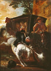 Ragotin muskétával a hátán felkapaszkodik a lovára, hogy elkísérje a társulatot, Paul Scarron (1610-60) „Roman Comique” című művéből, 1712-16