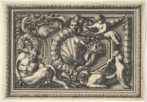 Szatírt és szfinxet tartalmazó két változatú panel tervezése, innen: Pannea..., 17. század. alkotó: Jean le Pautre