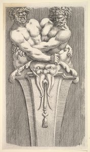 Tervezés egy kifejezésre két bakchikus figurával, forrás: Curieuses Recherches de Many Beaus..., 1645. alkotó: Jean le Pautre