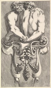 Tervezés két ölelő szatírral rendelkező kifejezésre, forrás: Curieuses Recherches de Many Beaus..., 1645. alkotó: Jean le Pautre