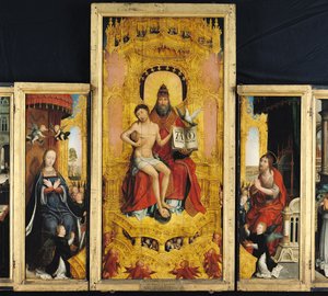 A Szentháromság dicsőítésének poliptichonja, a Szentháromságot, a Szűzanyát és Keresztelő Szent Jánost ábrázoló központi tábla, 1509-16.