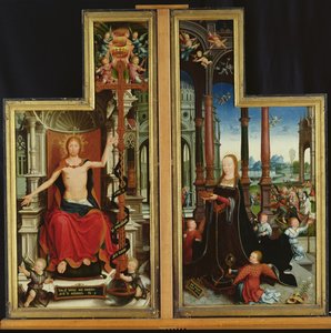 A Szentháromság dicsőítésének poliptichonja, a trónoló Krisztust és a Szűzanyát ábrázoló táblák, 1509-1515