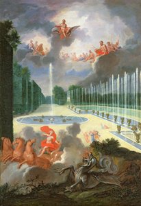 A versailles-i ligetek. Kilátás a Sárkány-medencére és a Neptunusz-medencére, Apollóval megölve Pythont