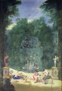 Versailles ligetek: Kilátás a labirintus bejáratára madarakkal, nimfákkal és kerubokkal, 1688