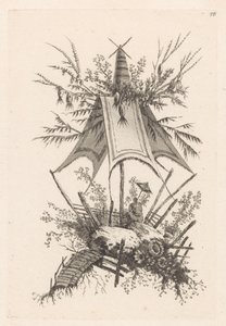 Man met parasol onder tent Recueil des Tentes Chinoises (series title)   1381511   hu       hungarian Successfully Translated  Original: Frontispiece for an Album of Drawings: Peasants at a Fountain (recto) Sketch of Peasants at a Fountain (verso) Translat