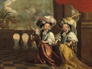 Két fiú kettős portréja, egész alakos, lovagnak öltözve, az egyik fuvolával, a másik hobbilovon ostorral, mindkettő erkélyen áll, 1668 alkotó: Jeanne Vergouwen