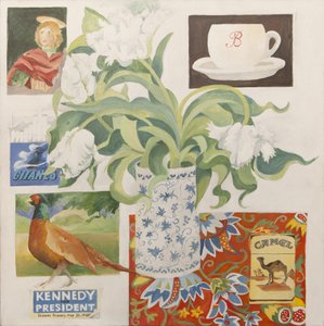 Ephemera, többek között kávéscsésze, cigarettás dobozok; képeslap és tulipánok alkotó: Jennifer Abbott