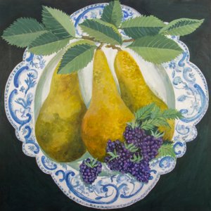 Körte egy tányéron, 2018 (akril, vászon) alkotó: Jennifer Abbott