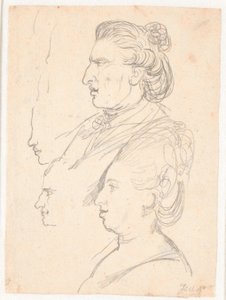 Caroline Mathilde királynő profilportréi, J.F. Struensee és Enevold Brandt, valamint egy draft, valószínűleg maga Juel. Minden a profilban balra alkotó: Jens Juel