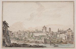 Városi kilátás házakkal és templommal a folyó mellett. Az ókori Róma alkotó: Jens Petersen Lund