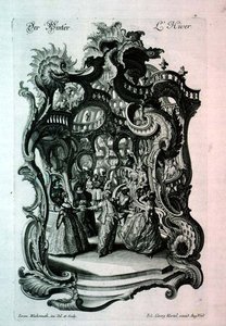 Téli, rokokó kotta díszes bált, kocsmát ábrázolva. Johann Georg Hertel alkotó: Jeremias Wachsmuth