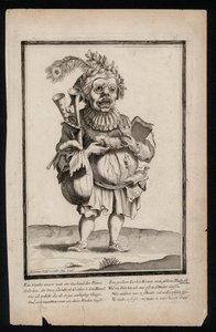 Dudát cipelő és pávatoll fejdíszt viselő férfi, szürrealista jelmezminta, c1700 (metszet) alkotó: Jeremias Wolff