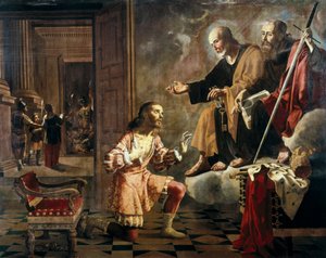 Szent Péter és Szent Pál apostolok megjelenésével I. Nagy Konstantin római császárnak (272-337), az első császárnak, aki áttért a kereszténységre alkotó: Jeronimo Jacinto Espinosa