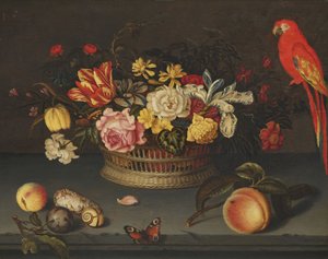 Csendélet virágkosárral és papagájjal alkotó: Jeronimus Sweerts