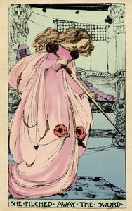 A Tündér Morgane ellopja az Excaliburt, hogy kedvese felhasználhassa Arthur király ellen. Illusztráció: Jessie Marion King (1875-1949) Sebastian Evans (1830) „A Szent Grál magas története Perceval, a walesi, a kerekasztal lovagja” című könyvéhez