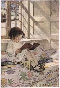 Egy lány olvas, Robert Louis Stevenson 1885-ben megjelent „A gyermek versek kertjéből” (színes litó)