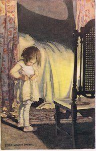 Egy fiatal lány vetkőzik, Robert Louis Stevenson 1885-ben megjelent „A gyermek versek kertjéből” (színes litó)