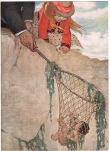Tom belegabalyodott a halászhálóba, illusztráció a "The Water Babies" című művéből, Charles Kingsley tiszteletestől (színes litó) alkotó: Jessie Willcox Smith