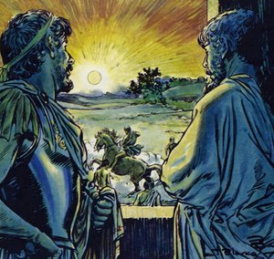 Sándor képes volt megülni Bucephalust, egy tüzes paripát (színes litográfia).
