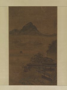 Palotai pavilonok tavaszi ködben (tinta, szín és arany selyemen) alkotó: Jiang Yuan