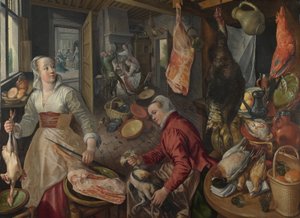 A négy elem: Tűz. Konyhai jelenet Krisztussal Márta és Mária házában a háttérben - Beuckelaer (Beuckelaer), Joachim (1533-1574) - 1569 National Gallery, London