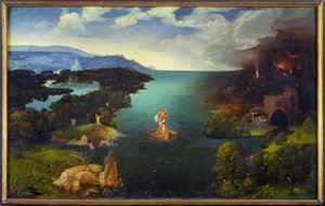 A Styx Charon (Caron) áthaladása a hajóján az alvilágban. Joachim Patinir (korcsolyázó) (1485-1524) festménye (ec.flam.) V 0,64x1,03 m Madrid, musee du prado