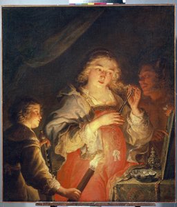 A hiúság allegóriája. Egy szőke hajú fiatal nő ollóval levág egy tincset egy férfi által tartott tükör előtt, egy gyerek meggyújtja fáklyával. Joachim von Sandrart (1606-1688) festménye ma