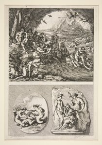 felső fele: Quos Ego? alsó fele: Két antik dombormű: A három sors és egy ismeretlen téma alkotó: Joachim von Sandrart