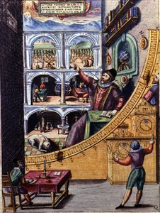 Tycho Brahe (1546-1601) dán csillagász uranienburgi obszervatóriumában - Ssive Atlas Major színes metszetét, Johannis Blaev Blavania munkáit és sumptibuszt pedig kozmografálta.