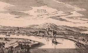 Ostia városának és kikötőjének perspektivikus képe, Lazio, Olaszország, rézmetszet, kb 278x173 cm alkotó: Joan Blaeu