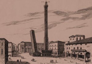 A két torony (Asinelli és Garisenda), Bologna, Bologna, Emilia-Romagna, Olaszország, rézmetszet, kb 21x29 cm alkotó: Joan Blaeu