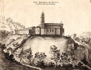 Kilátás a San Michele in Bosco kolostorra, Bologna, Emilia-Romagna, Olaszország, rézmetszet, kb 21x29 cm alkotó: Joan Blaeu