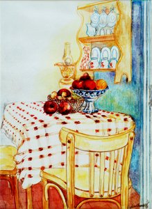 Házi konyhaasztal almával, 2005,(víz színű) alkotó: Joan Thewsey