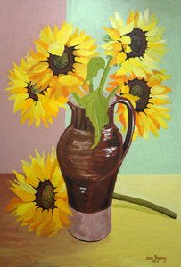 Öt napraforgó magas barna kancsóban, 2007 (gouache)
