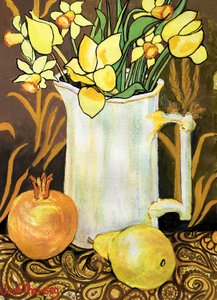 Tulipánok és nárciszok fehér kancsóban, textilekkel, gránátalmával és körtével (akvarell) alkotó: Joan Thewsey