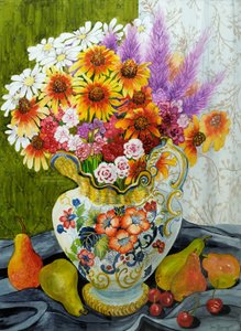 Viktoriánus korsó vegyes virágokkal, körtével és cseresznyével, 2010, gouache