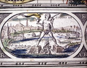 Az ókor hét csodájának ábrázolása: a rodoszi kolosszus. az 1630-ban Amszterdamban nyomtatott Jansson Jannsonius atlaszában. Magángyűjtemény.