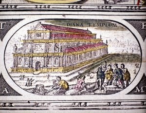Az ókor hét csodájának ábrázolása: Diana (Artemisz) temploma Efézusban. az 1630-ban Amszterdamban nyomtatott Jansson Jannsonius atlaszában. Magángyűjtemény.