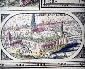 Az ókor hét csodájának ábrázolása: Babilon kertjei. Jansson Jannsonius Atlaszában, amelyet Amszterdamban nyomtattak 1630-ban