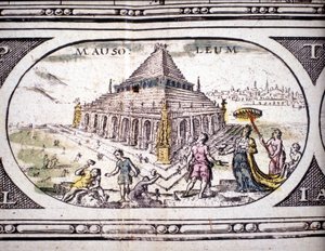 Az ókor hét csodájának ábrázolása: Halikarnasszosz mauzóleuma. Jansson Jannsonius 1630-ban Amszterdamban nyomtatott atlaszában. Magángyűjtemény.