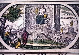 Az ókor hét csodájának ábrázolása: Jupiter (Zeusz) szobra Phidiastól - Jansson Jannsonius "Az atlaszában", amelyet Amszterdamban nyomtattak 1630-ban