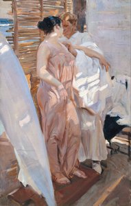 A rózsaszín köntös. Fürdés után alkotó: Joaquín Sorolla