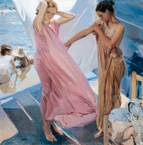 "Apres le bain" (A fürdő után) két fiatal lány átöltözik a tengerben fürdőzés után Joaquin Sorolla y Bastida festménye (1863-1923) - 1909 - Olaj, vászon - Museo Sorolla Madrid