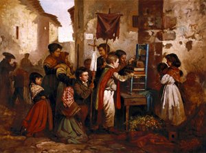 Gyerekek játszanak a vallási körmenetben, Joaquim Vayreda y Vila festménye