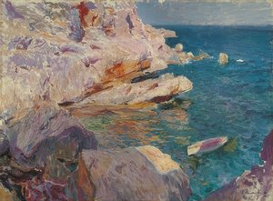 Jávea sziklák fehér csónakkal. 1905 alkotó: Joaquín Sorolla