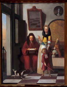 Műfaji jelenet Család egy belső térben. Az anya a fiát a kutyával játszik. Job Berckheyde (1630-1696) festménye, 17. századi Avignon, Calvet Múzeum