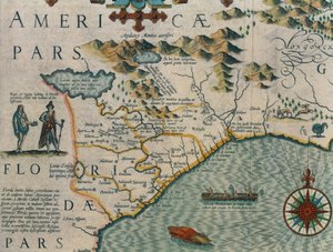 Észak-Karolina partvidéke, a Virginiae item et Floridae című térkép részlete a Mercator Atlas... 1606-ból, pub. Jodocus Hondius, 1619. évi kézzel színezett metszet, lásd még: 66818, 81957 és 81958