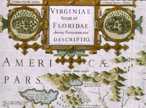 Címkartus és betétek, Észak-Karolina térképének részlete Virginiae item et Floridae címmel, a Mercator Atlas... 1606-ból, pub. Jodocus Hondius, 1619 (kézzel színezett metszet) (lásd még